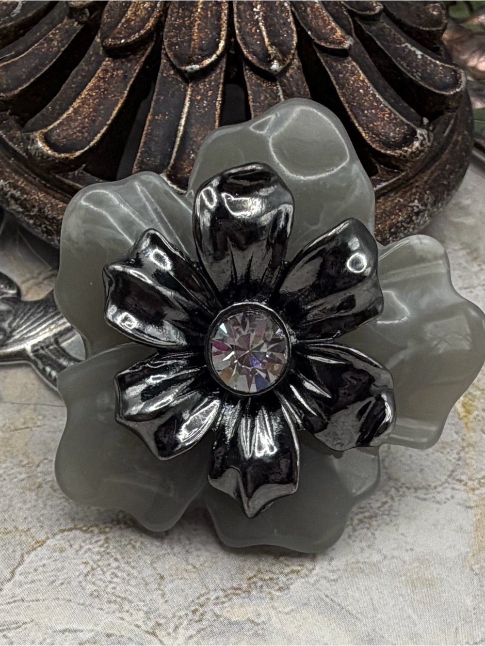 Gray / Gun Metal Acrylic Flower Stretch Ring with Crystal Center